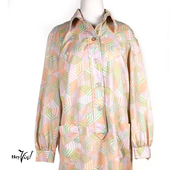 Vintage Shirtwaist Dress Pastel 70s Mod w Pockets Route One Tag Size L - Hey Viv - Picture 2 of 7